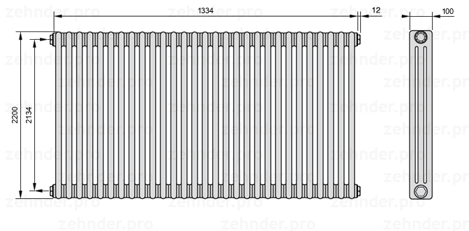 Схема (чертеж) Радиатор Zehnder Charleston 3220/29 №1270 Белый глянцевый RAL 9016